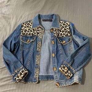 New Directions Blue Denim Jacket with Leopard Accents